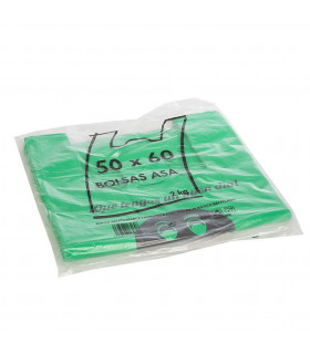 2 kilos de Bolsas verdes de plástico, 70% recicladas. Asa Camiseta 50x60 cm. Con mensaje de agradecimiento (paquete 70 bolsas) 