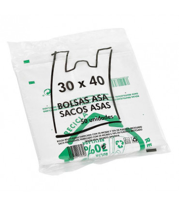 Bolsas asa camiseta resistentes 30x40 cm 70% reciclado Blanca - Pack 50 uds