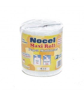 Rollo de papel multiusos "Nocel Maxi Roll" imprso en azul. Fardo de 8 rollos.